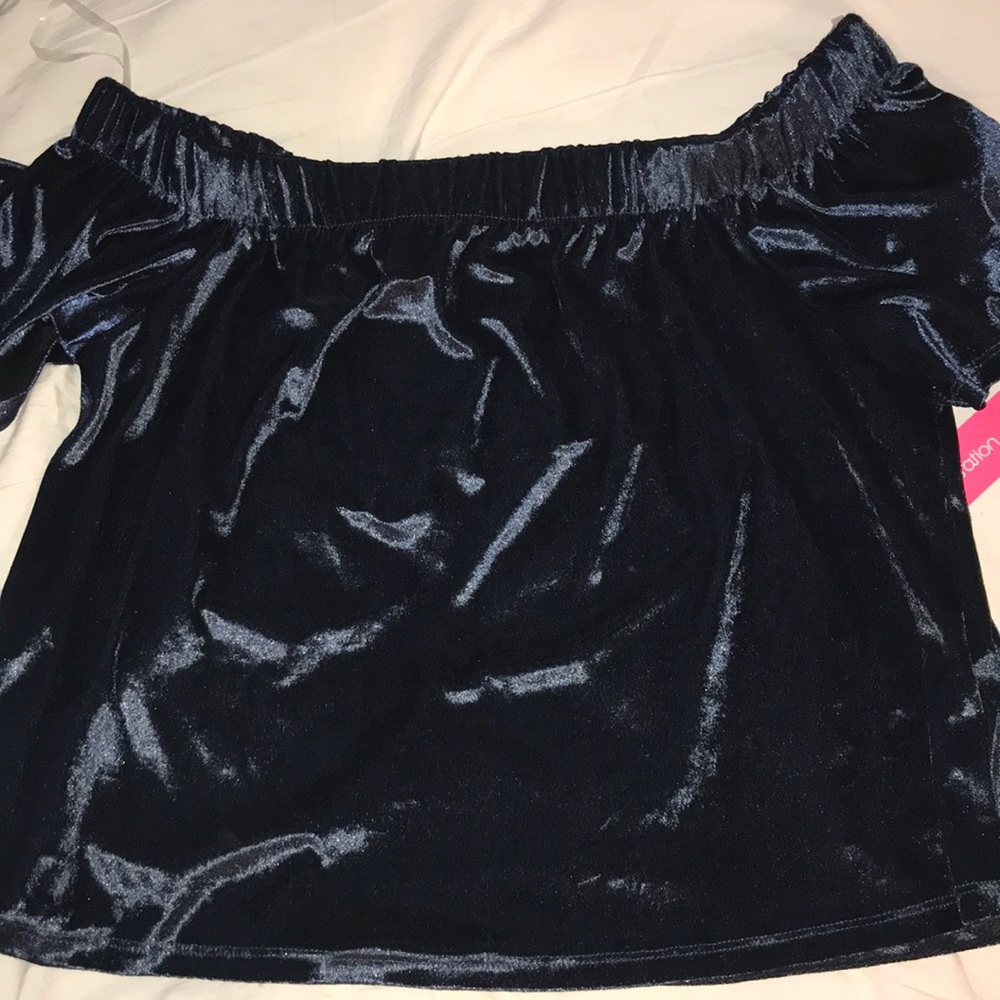 Navy blue off the shoulder shirt sleeve top - Picture 2 of 3